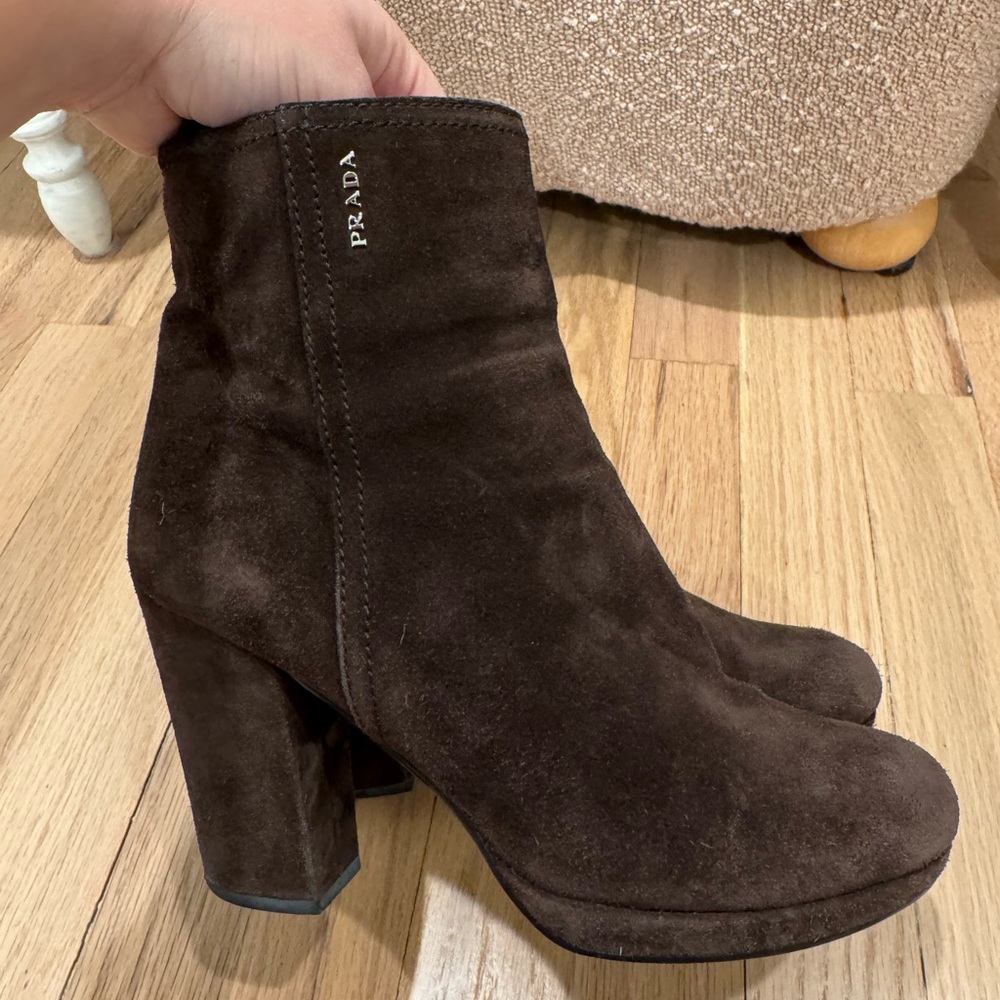 Prada Women's Brown Suede Block Heel Boots (size 37) - Picture 3 of 8